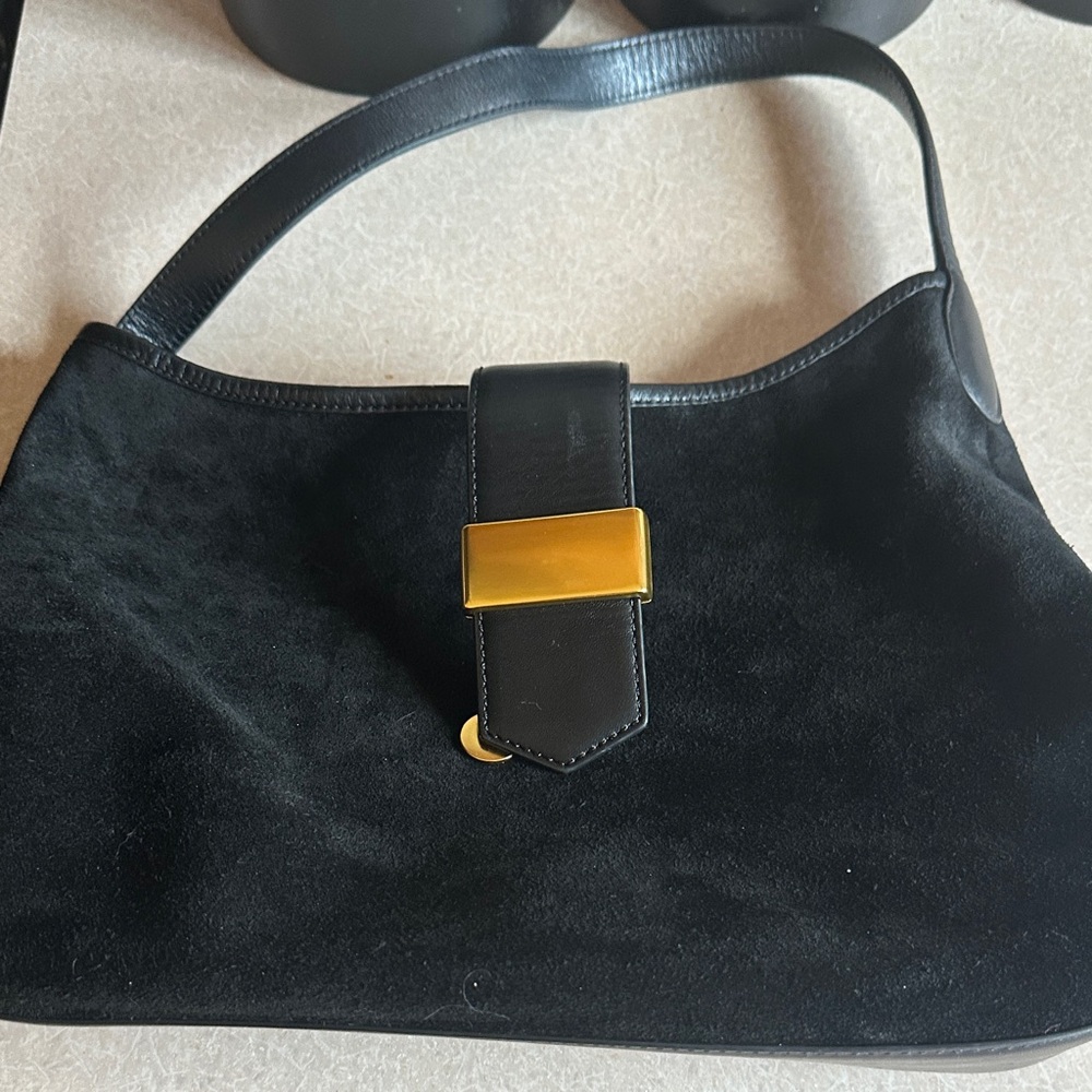J. Crew Black Suede Shoulder Bag with Gold Buckle